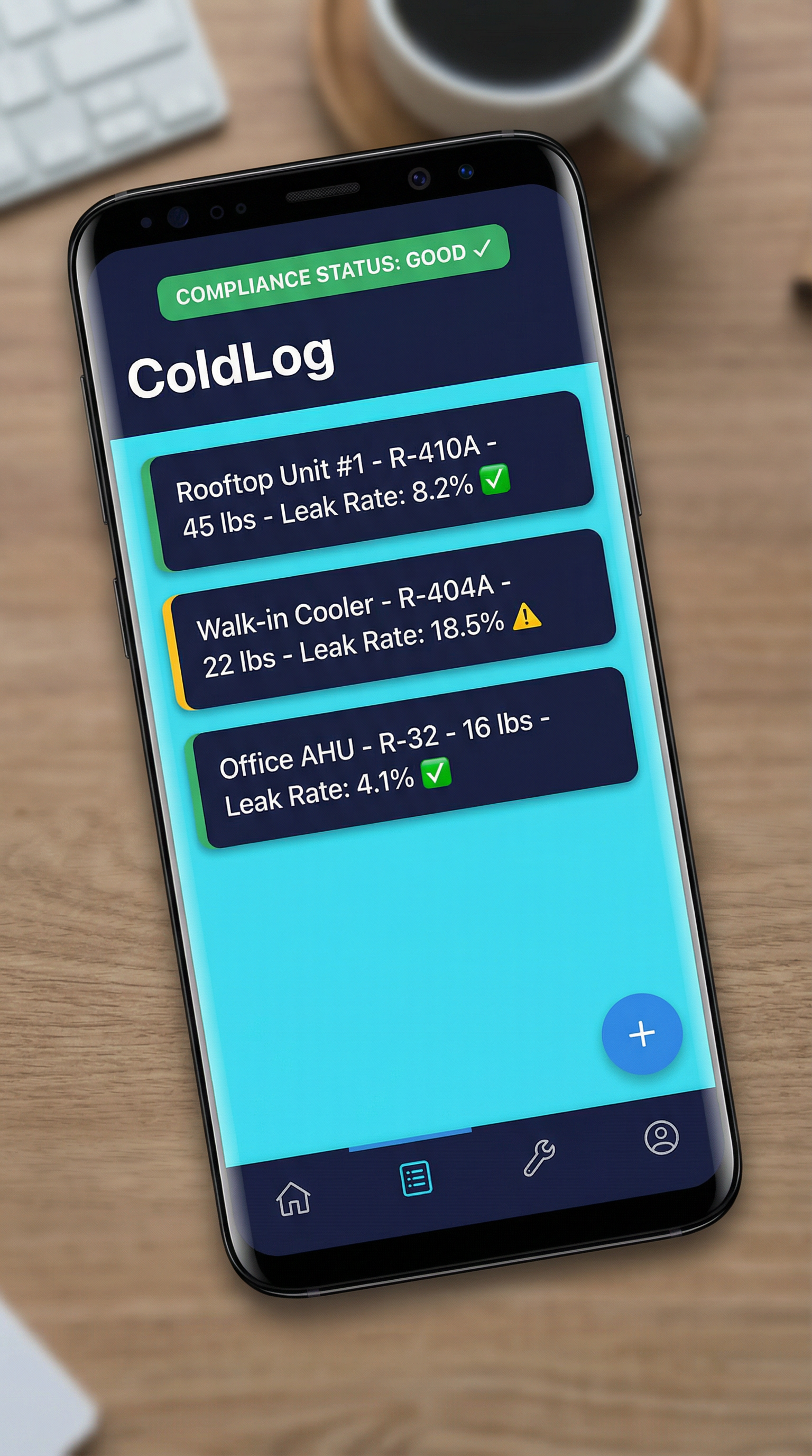 ColdLog app showing equipment dashboard with compliance status