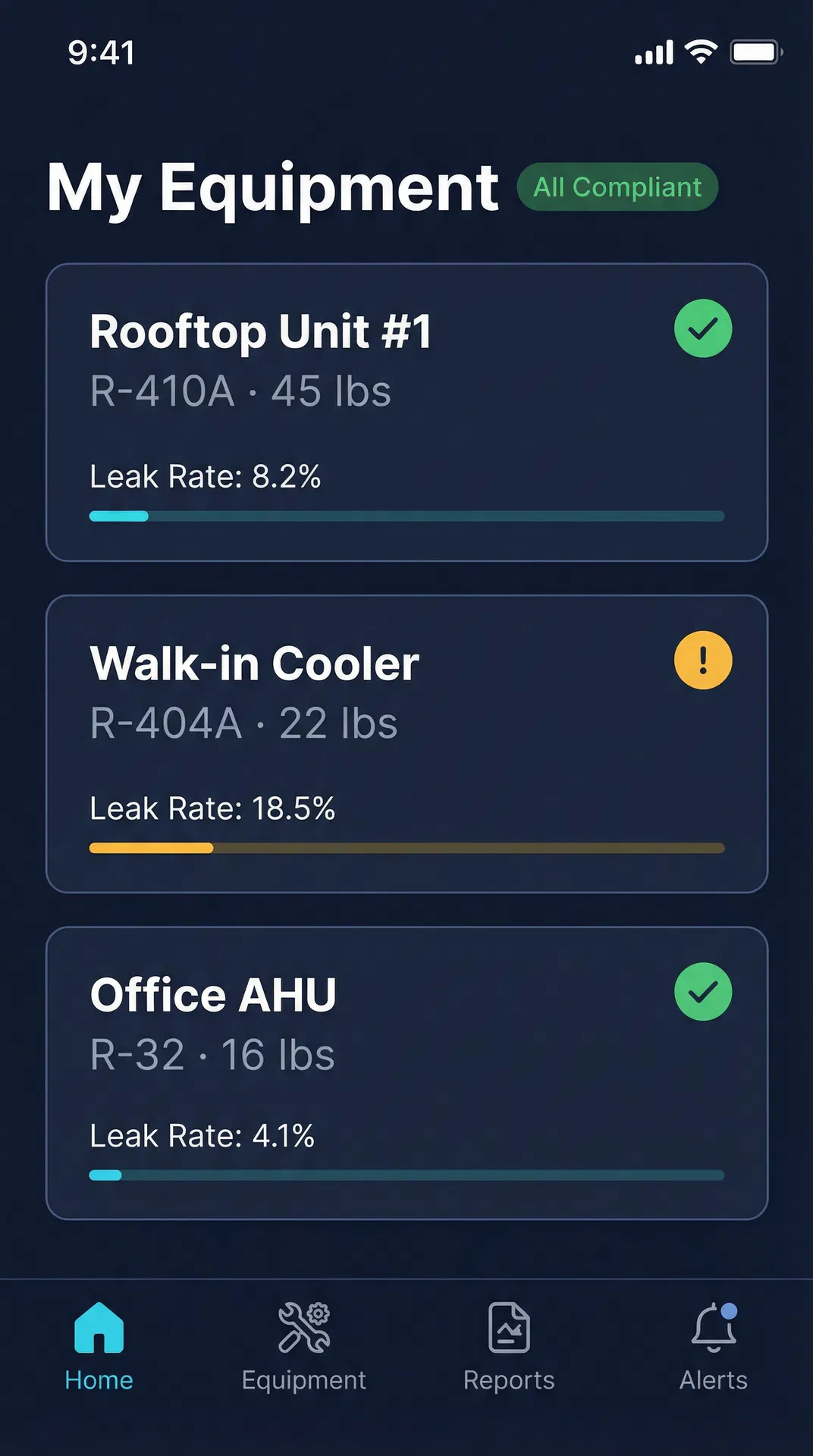 ColdLog app — Equipment Dashboard screen